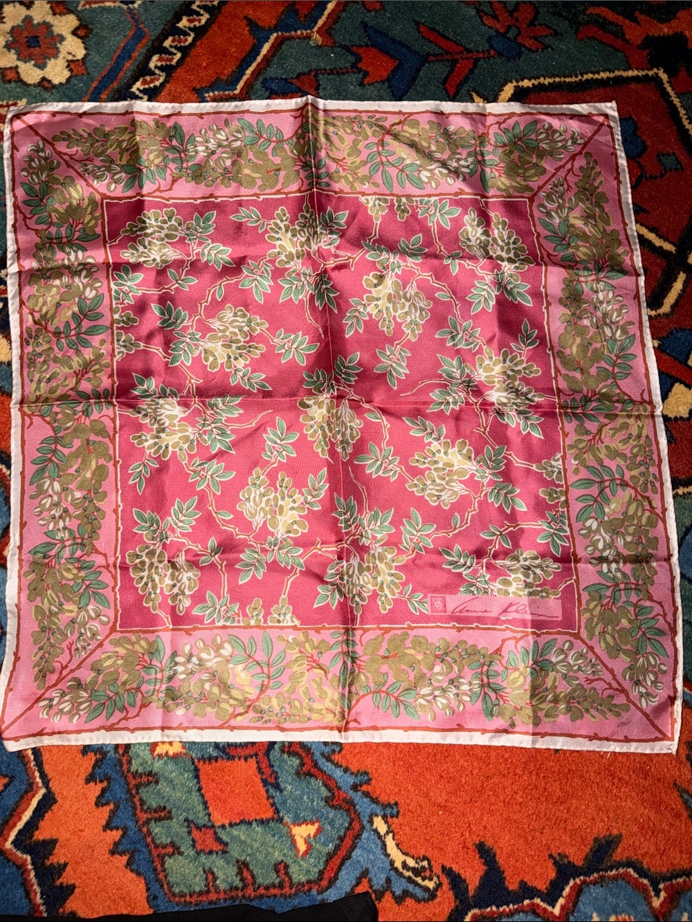 Vintage 21" squared Anne Klein Pink Floral Vine Scarf